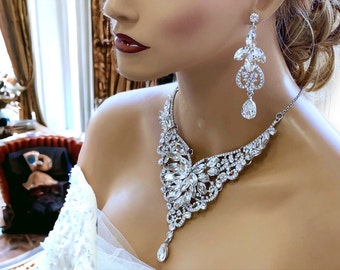 Unique Bridal Jewelry Set, Wedding Jewelry, V Shape Marquise Cluster Necklace earrings for Bride, Great Gift for Bride, Victorian Jewelry