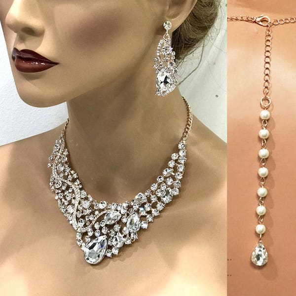 Bridal Jewelry Set Rose Gold Jewelry Set, Bridal Necklace and Earring Set, Crystal Statement Necklace Set, Back Drop Necklace