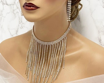 Bridal Jewelry Set, Silver Gold Necklace Set, Fringe Bib Choker Necklace Earrings Set, Ballroom Jewelry, 1920 Inspired Wedding Jewelry