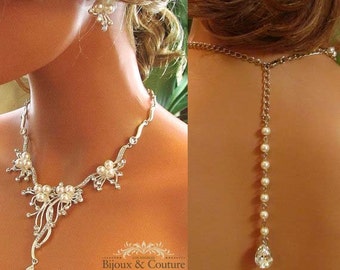 Vine Bridal Necklace and Earring set, Crystal Statement Necklace, Pearl Statement Necklace, Back Drop Necklace, Bridesmaid Pearl Jewelry Set