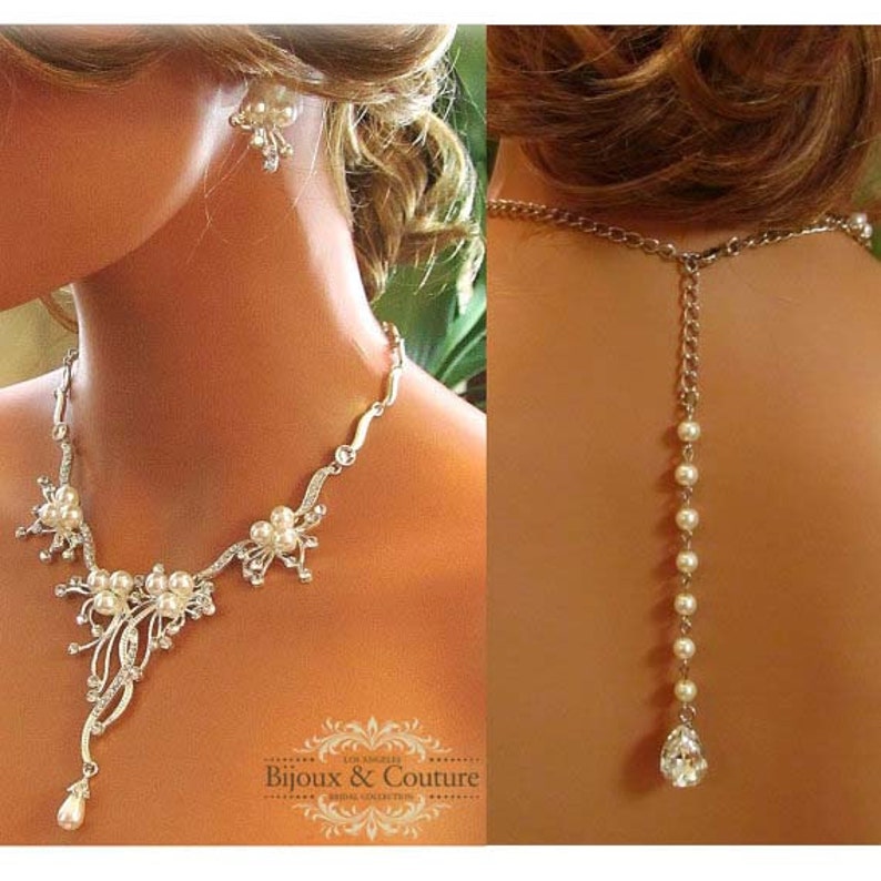 Vine Bridal Necklace and Earring set, Crystal Statement Necklace, Pearl Statement Necklace, Back Drop Necklace, Bridesmaid Pearl Jewelry Set 