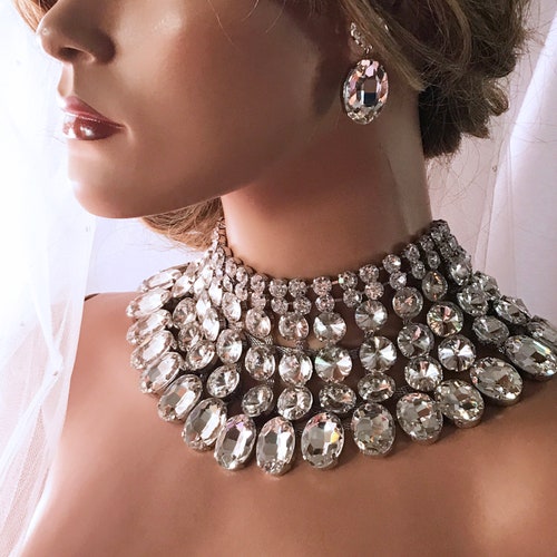 Shops Bridal Jewelry Set, Bridal Shoulder Jewelry Necklace Earrings, Ballroom Jewelry,Wedding Jewelry, Gold Chunky Crystal Bib Necklace Statement