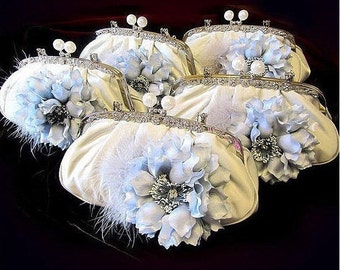 Set of 5 Bridesmaids clutch, wedding clutch, feather, pearl, crystal French Couture gray clutch, bridal clutch