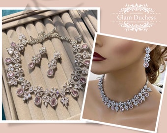Bridal Jewelry Set, Pink Cubic Zirconia Necklace Choker Earrings Jewelry Set, Wedding Jewelry, Mother of The Groom & Bride Jewelry Set