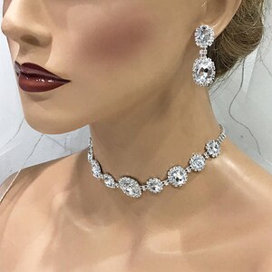 Bridal Jewelry, Bridal Necklace Earring Set, Bridesmaid Jewelry Set, Silver Crystal Choker Necklace, Bridal Choker Prom Jewelry set image 4