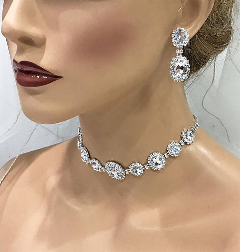 Bridal Jewelry, Bridal Necklace Earring Set, Bridesmaid Jewelry Set, Silver Crystal Choker Necklace, Bridal Choker Prom Jewelry set image 4