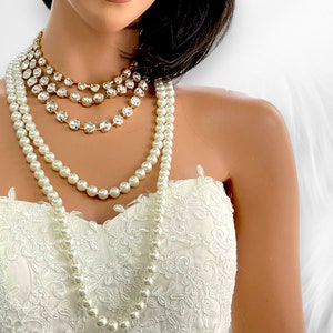 Unique Wedding Jewelry Set, Bridal Necklace Earrings Set, Round Crystal Pearl Layered Necklace Set, Jewelry for Bride, Long Pearl Necklace image 2