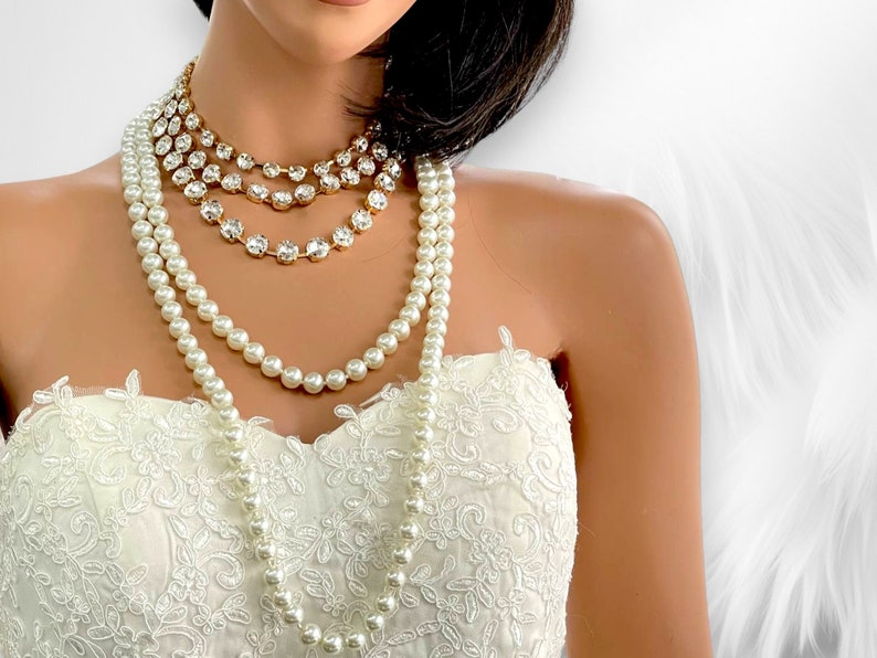 Unique Wedding Jewelry Set, Bridal Necklace Earrings Set, Round Crystal Pearl Layered Necklace Set, Jewelry for Bride, Long Pearl Necklace image 2