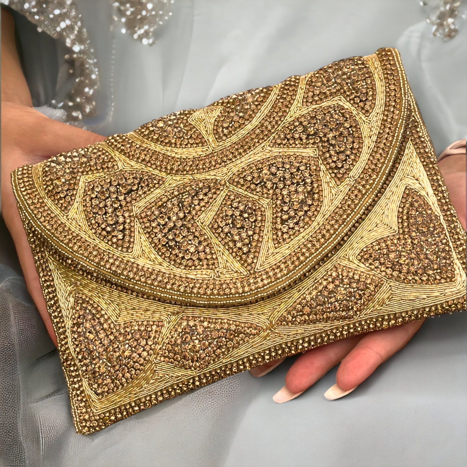 Women's Black and Gold Beaded Envelope Clutch, Luxury Handmade Formal  Vintage Evening Bag