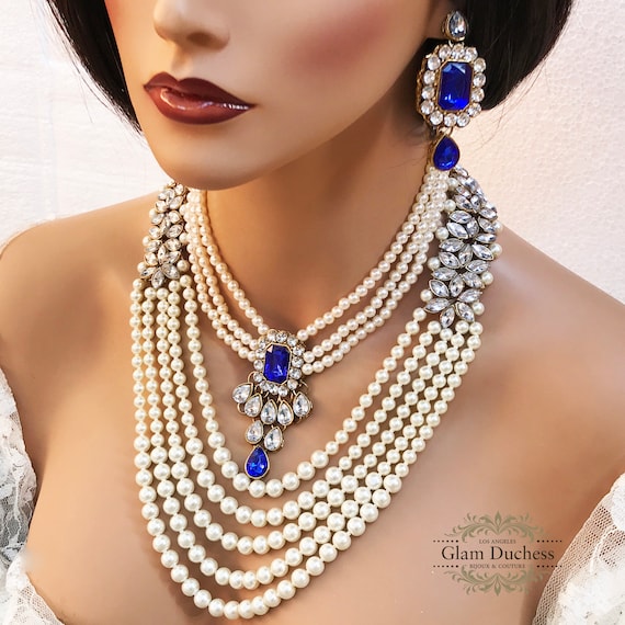 Royal Blue Bridal Choker Necklace Earring, Indian Bridal Jewelry Set, Kundan Jewelry, Victorian Pearl Choker statement, Bollywood Jewelry