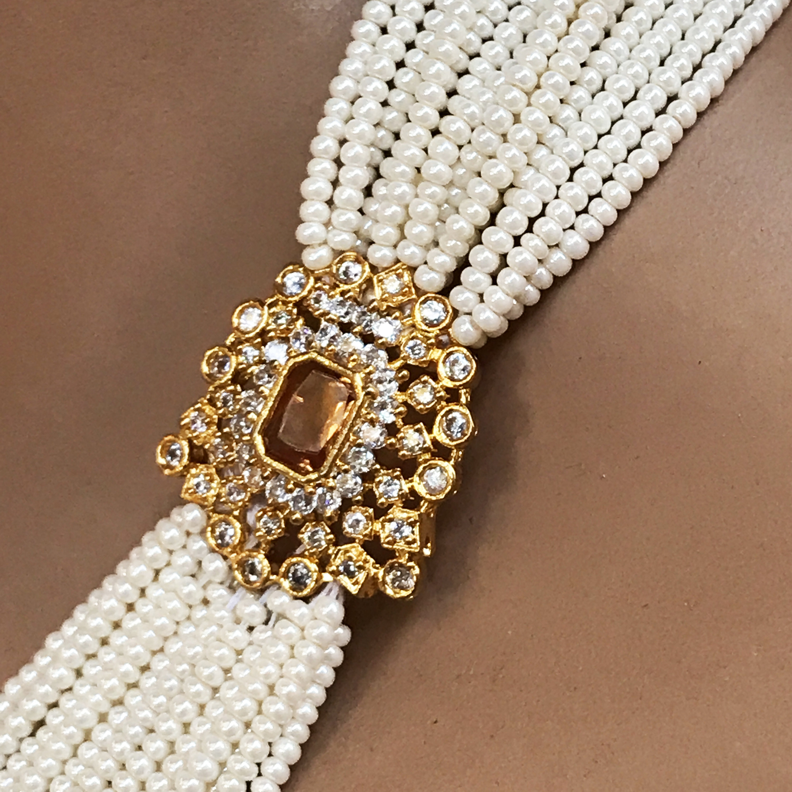 Bodas Joyería Conjuntos de joyería y bisutería 1920 Gold Champagne Cubic Zircon Bollywood Kundan Jewelry Set Victorian Long Pearl Necklace Earring Bracelet Set Indian Bridal Jewelry Set 