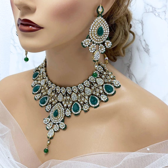 Indian Bridal Jewelry Set, Jewelry for Bride, Emerald Green Bridal Necklace Earring Set, Wedding Jewelry, Bollywood Kundan Jewelry Set