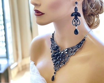 Black Jewelry Set for Bride, Chunky Crystal V Shape Necklace Earrings for Wedding Glamour, Evening Necklace Statement Jewelry Set