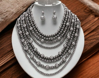 Elegant Gray Pearl Bridal Jewelry Set: Necklace& Earrings, Perfect for Brides, Adjustable Length for Layering and Styling Classic Pearl Set
