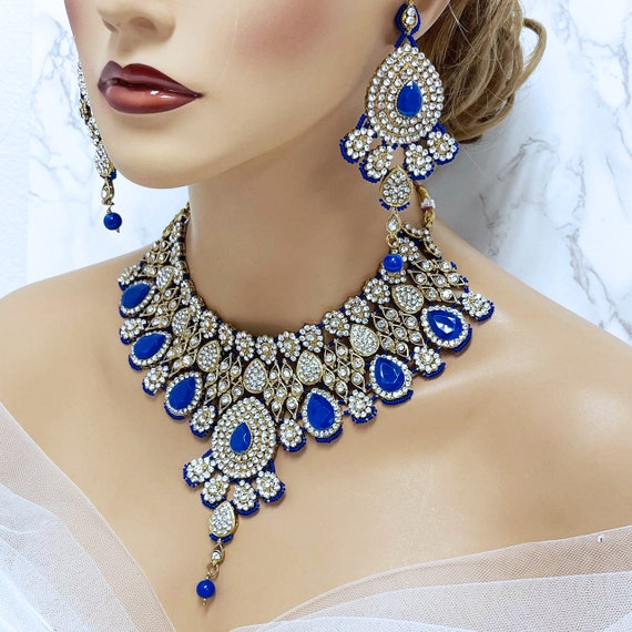 Royal Blue Jewelry for Bride, Indian Bridal Jewelry Set, Bridal Choker Necklace Earring Set, Wedding Jewelry, Hindi Bollywood Kundan Jewelry