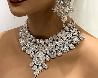 Indian Bridal Jewelry Set, Bridal Necklace Choker Earring Set, Crystal Statement Necklace, Kundan Jewelry Set, Bollywood evening Jewelry Set