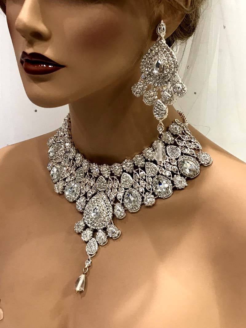 Joyería Conjuntos de joyería y bisutería Kundan Perla y Semi Precious Beads Collar Set con Tikka Bollywood Necklace Set Juego de Joyas Pintados a Mano Indian Wedding Jewelry Set 