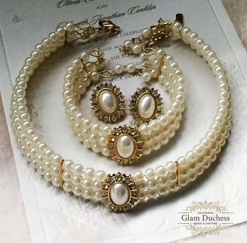 Bridal jewelry set, Bridal choker necklace earrings, Wedding choker, white Victorian pearl jewelry set, bridesmaid jewelry, choker set image 5