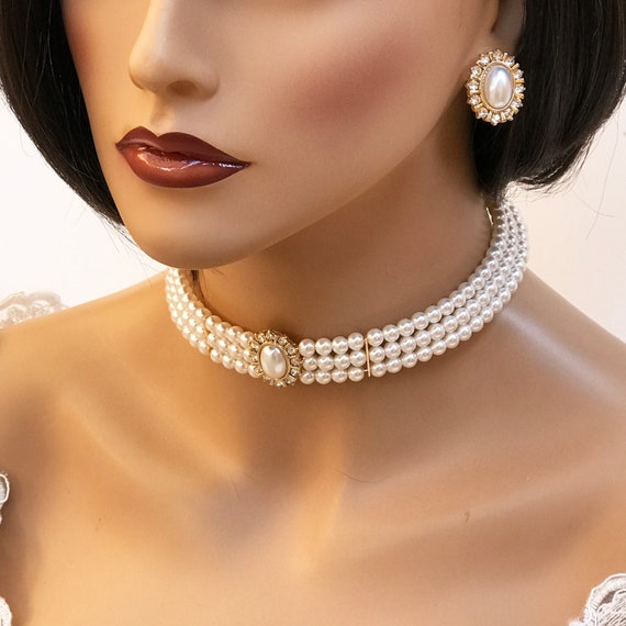 Bridal jewelry set, Bridal choker necklace earrings, Wedding choker, white Victorian pearl jewelry set, bridesmaid jewelry, choker set