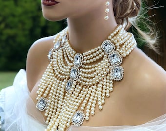 Jewelry for Wedding, Bridal Jewelry Set, Chunky Crystal Pearl Bib Necklace Earrings Statement Jewelry Set, Special Gift For Her