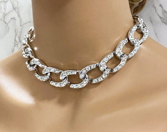 Silver Link Chain Cuban Choker Necklace, Bridal Choker Jewelry, Chunky Chain Silver Crystal Choker, Fashion Necklace, Chain Necklace