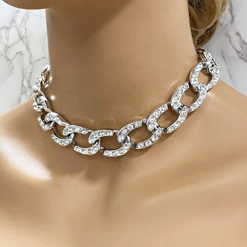 Silver Link Chain Cuban Choker Necklace 