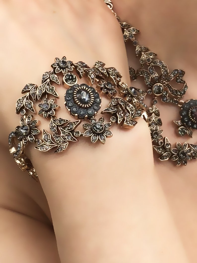 Bridal Necklace Earring Bracelet Set Bronze Antique Gold Ballroom Jewelry Set Bridal Jewelry Set Vintage Inspired Victorian Jewelry Set