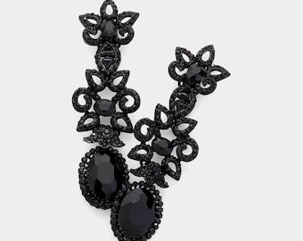 Black Bridal Teardrop Earrings, Cluster Hoop Gothic Earrings, Wedding Earrings, Bridesmaid Jewelry, Victorian Drop Earrings, Prom Earrings