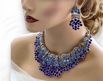 Conjunto de pendientes de declaración de collar de babero grueso azul, conjunto de joyas de boda púrpura, joyas para novia, conjunto de joyas de noche, joya para ocasiones especiales