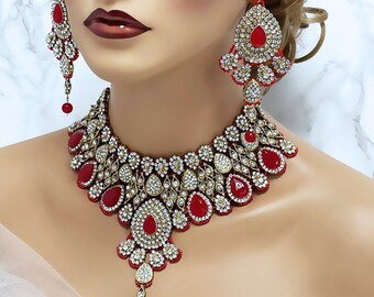 Red Wedding Bridal Necklace Earring Set, Indian Bridal Jewelry Set, Jewelry for Bride, Wedding Jewelry, Bollywood Kundan Jewelry Set