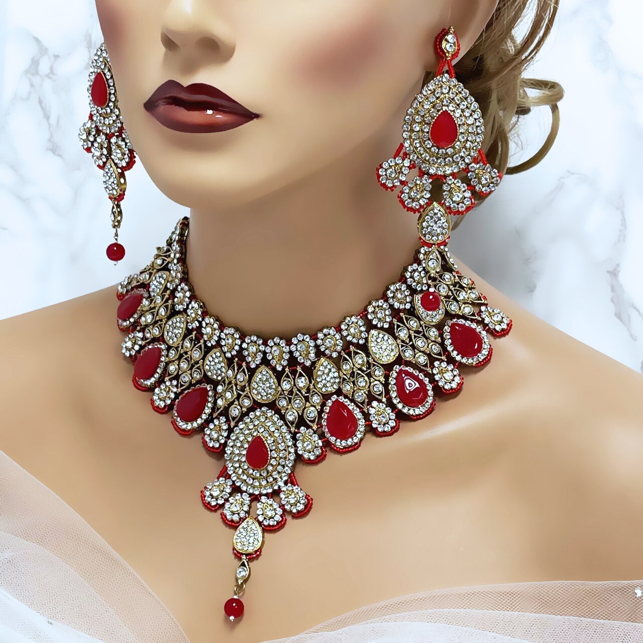 Red Wedding Bridal Necklace Earring Set Indian Bridal Jewelry Set