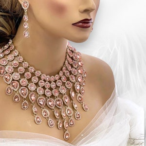 Peach Pink Stone Bridal Necklace Set with Earrings main image 0