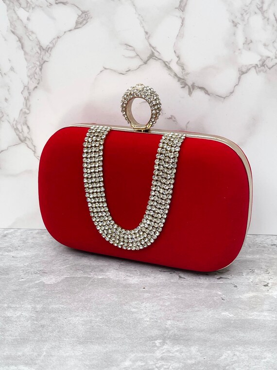 Red Velvet Clutch Crystal Evening Bag, Gift for Her, Prom Bag Clutch, Black Clutch