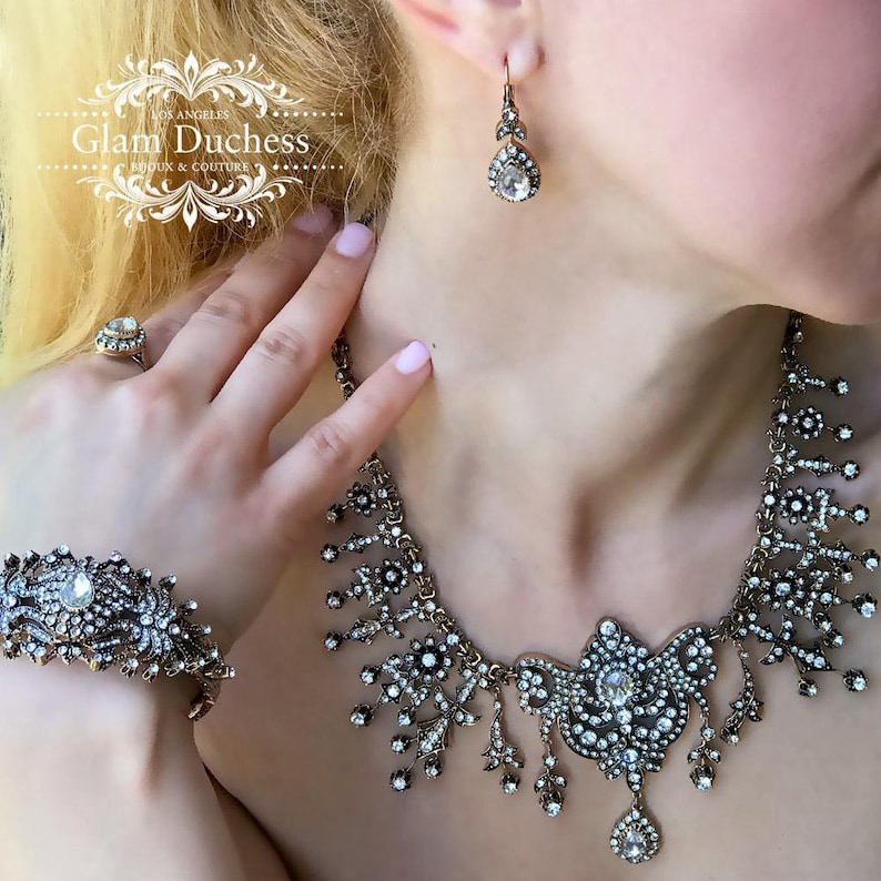 Vintage Inspired Victorian Jewelry Set Bridal Jewelry Set Ballroom jewelry Bronze Antique Gold Bridal Necklace Earrings Bracelet set