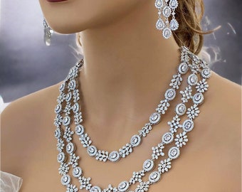 Bridal Necklace Earrings Jewelry Set, Bridal Drop Earrings, Luxurious Layered Cubic Zirconia Necklace Jewelry Set, Special Gift For Her