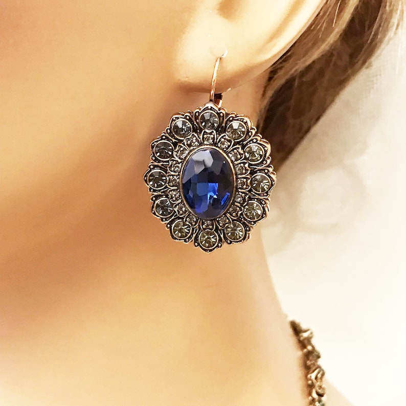 Gothic Jewelry Bridal Jewelry Set Sapphire Blue Jewelry Bronze Antique Gold Necklace Earrings Bracelet,Vintage Inspired Victorian Jewelry