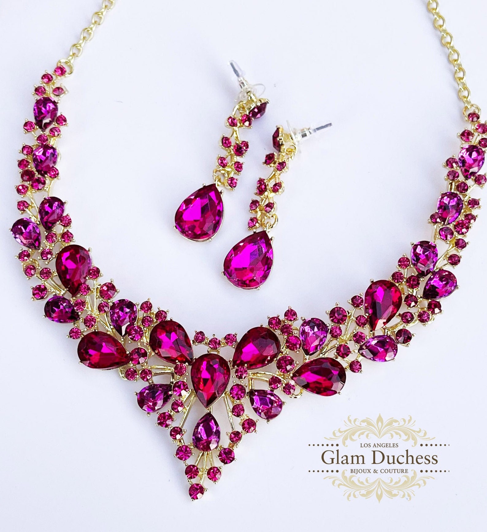 Fuchsia Hot Pink Jewelry Set Bridal V Shape Necklace Etsy
