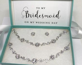 Bridesmaid Jewelry Set, Bridal Necklace Earring Set, Leaf Flower Crystal Statement Necklace, Back Drop Necklace, Backdrop Necklace Earrings