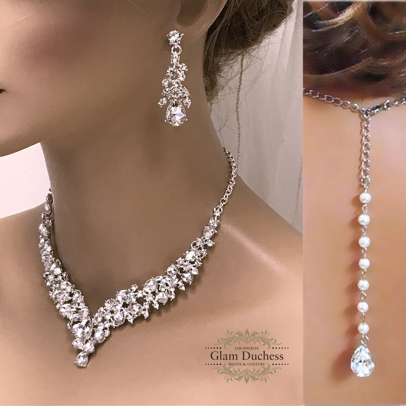 Prom Jewelry Set,Pink Bridal Necklace Earrings Peach Blush Crystal Backdrop Necklace Set Sapphire V Shape Bridal Jewelry Set Champagne