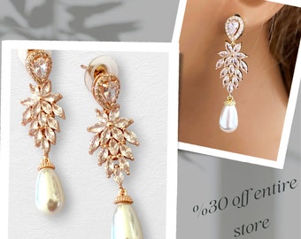 Rose Gold Leaf Pearl drop Bridal Earrings, Jewelry for Bride, Bridesmaid Earrings Jewelry, Gold Bridal Earrings, CZ Earrings,Wedding Jewelry