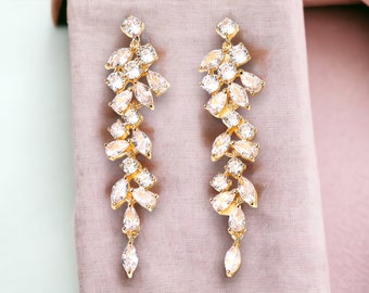 Gold Bridal Earrings, Jewelry for Bride Bridesmaid Earrings Jewelry, Silver Leaf Bridal Earrings, CZ Drop Earrings, Wedding Dangle Earrings
