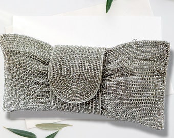 Unique Handmade Bow Silver Sequin Bag, Wedding Clutch