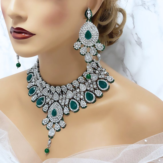 Indian Bridal Jewelry Set, Jewelry for Bride, Emerald Green Bridal Necklace Earring Set, Wedding Jewelry, Bollywood Kundan Jewelry Set