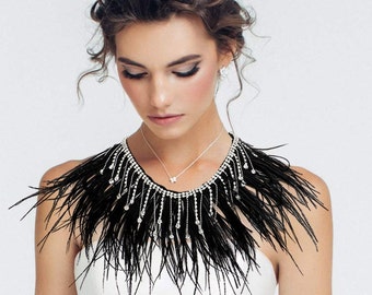 Black Feather Gothic Bib necklace Jewelry, Feather Fringe Necklace, Gothic wedding choker, Ballroom necklace jewelry, Evening Bib