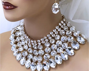 Bridal Jewelry Set, Bridal Shoulder Jewelry Necklace Earrings, Ballroom Jewelry,Wedding Jewelry, Gold Chunky Crystal Bib Necklace Statement