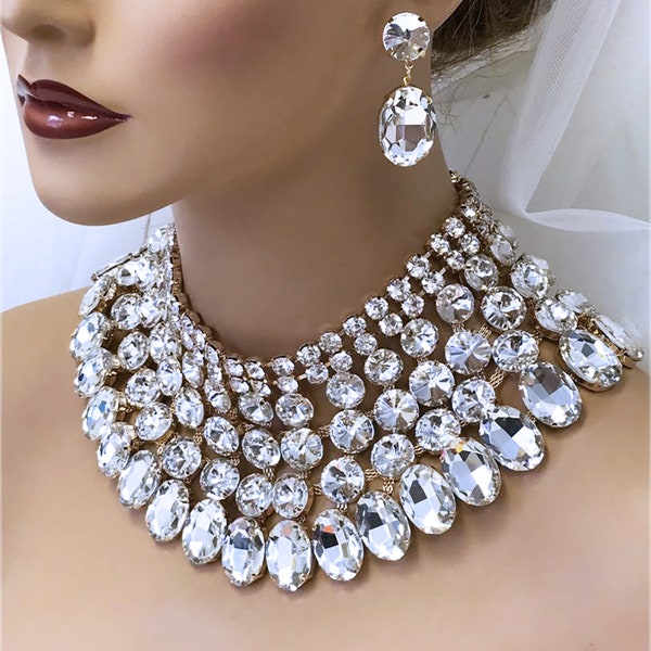 Parure de bijoux de mariée, boucles d'oreilles collier, bijoux de salle de bal, bijoux de mariage, collier plastron en cristal massif doré