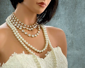 Set di gioielli da sposa unici, set di orecchini per collana da sposa, set di collane rotonde a strati di perle di cristallo, gioielli per la sposa, collana lunga di perle