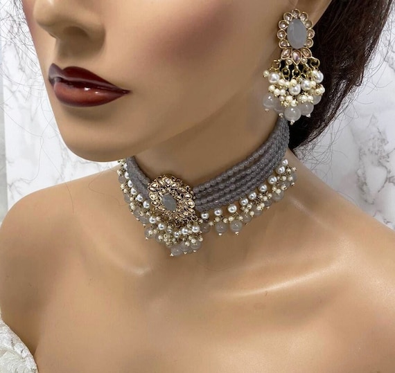Bridal Set, Pearl Choker Necklace Earrings, Indian Bridal Jewelry Set, Kundan Jewelry, Victorian Pearl Choker statement, Bollywood Jewelry
