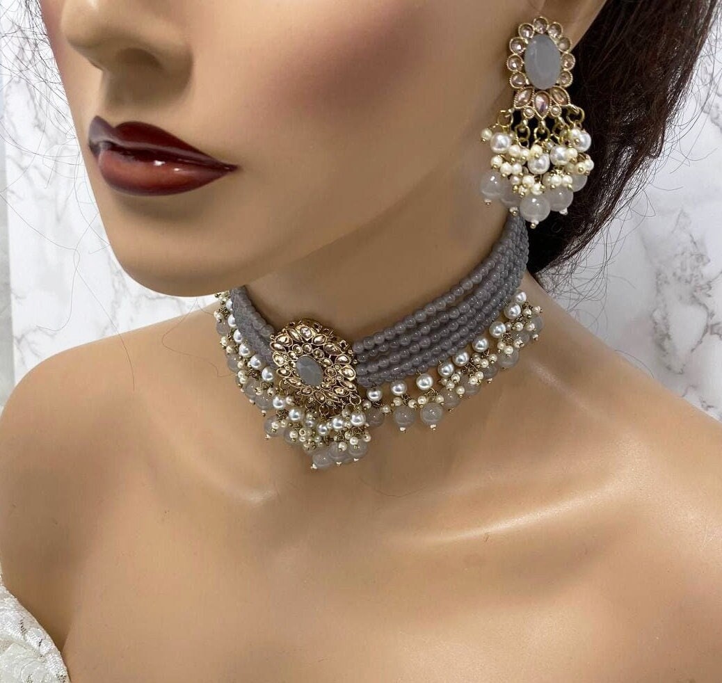 Bridal Set Pearl Choker Necklace Earrings Indian Bridal - .de