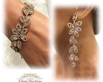 Bridal Earrings, Bridal Jewelry Set, Bridesmaid Jewelry Set, Bridal Bracelet, Silver Gold Crystal Wedding Jewelry Set, Prom Jewelry Set